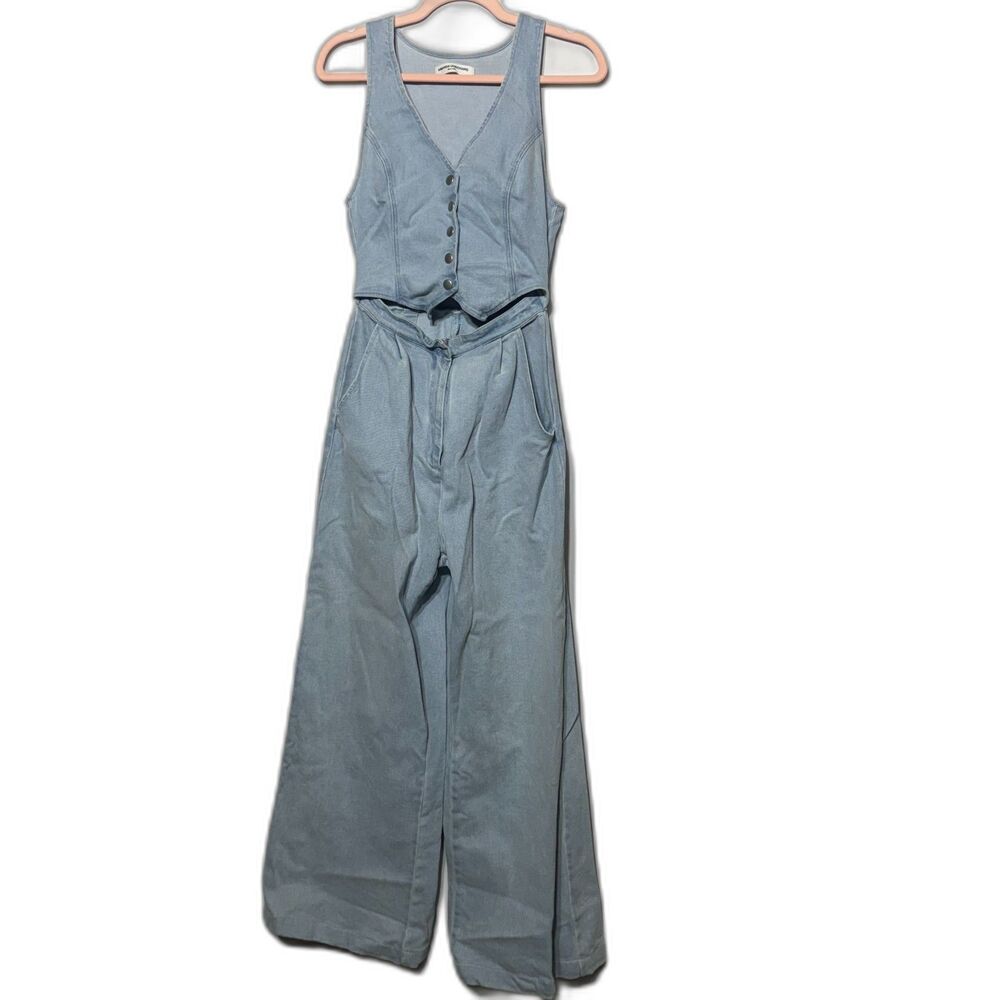 Amanda Uprichard Ethan Denim Jumpsuit Womens Small Iceberg Wide Leg Cutout Vest